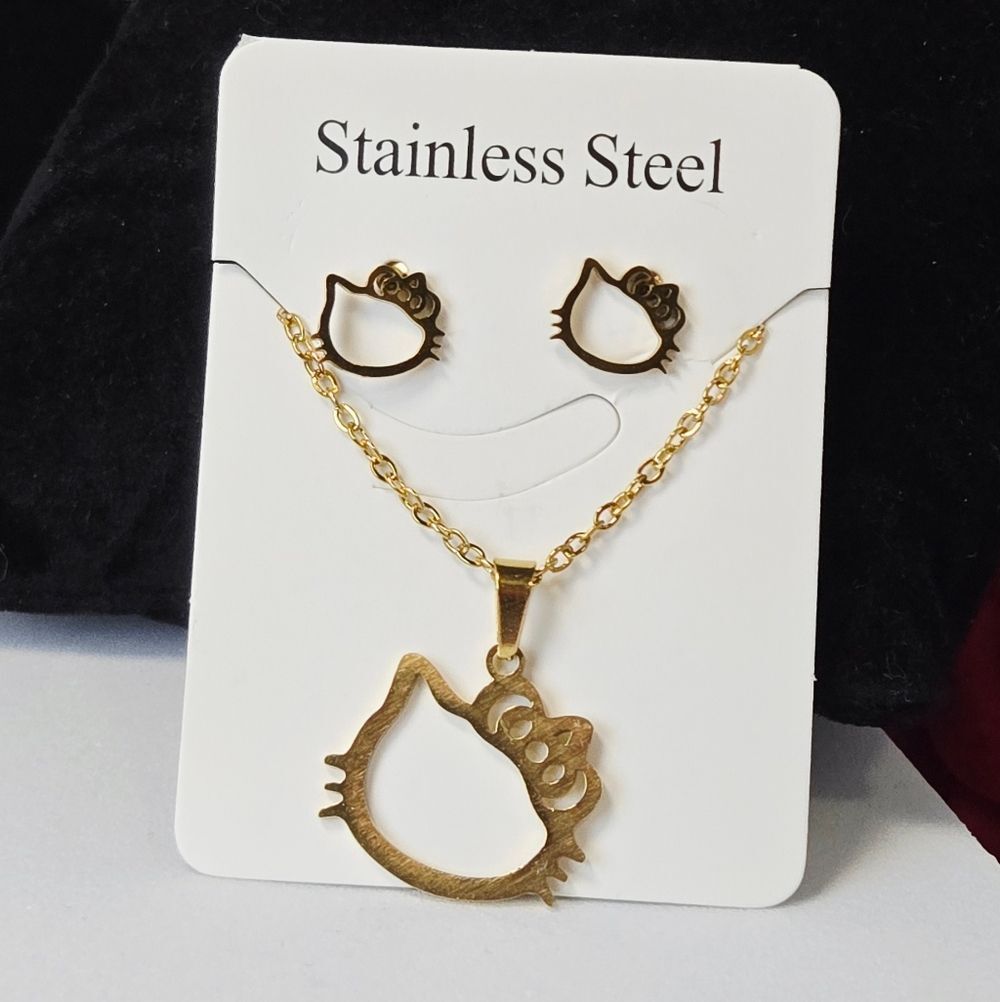 Hello Kitty Gold Necklace & Earrings Set Sanrio Stainless Steel Cute Kawaii 3pcs